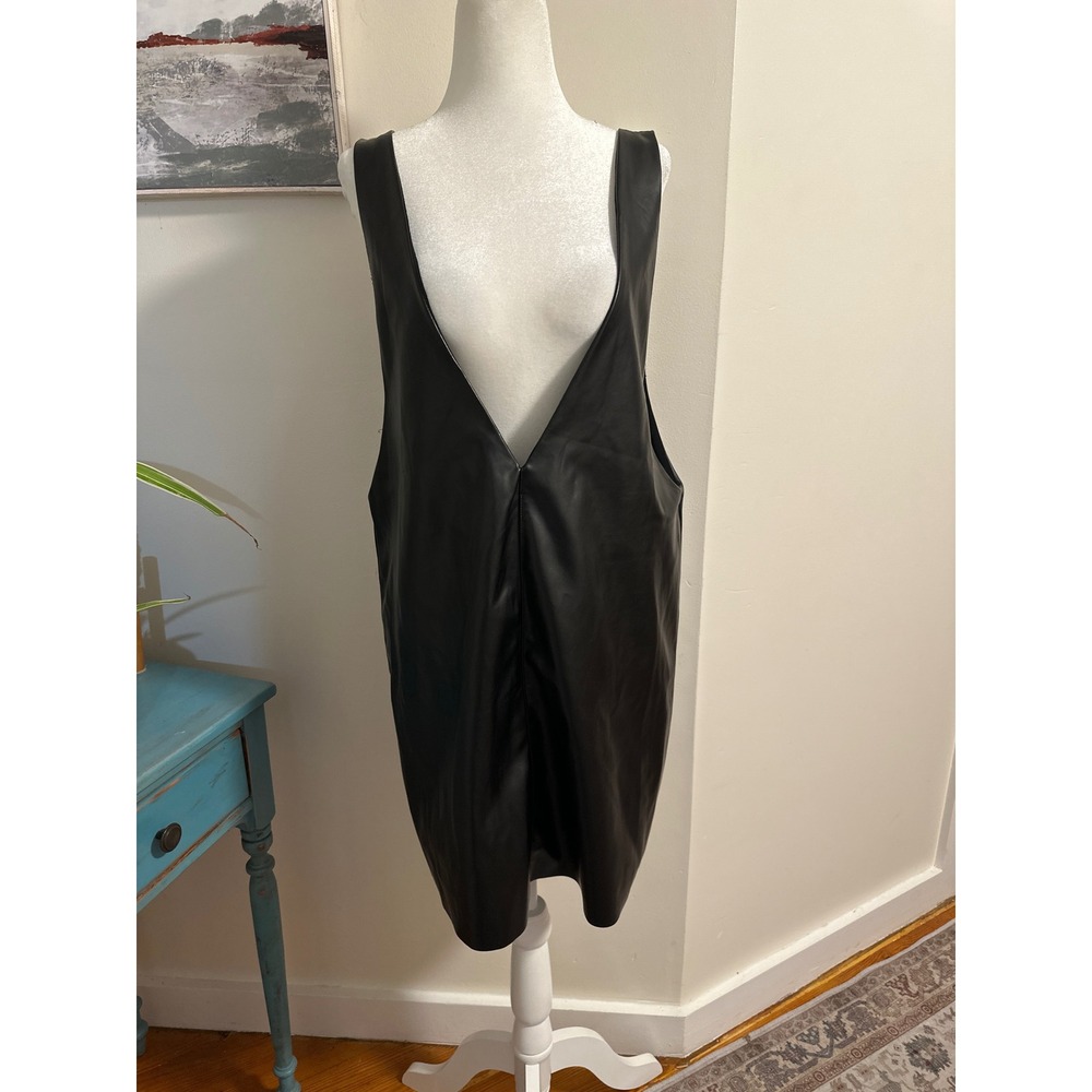 Anthropologie Sunday in Brooklyn Faux Leather V-Neck Jumper Dress Black M NWT